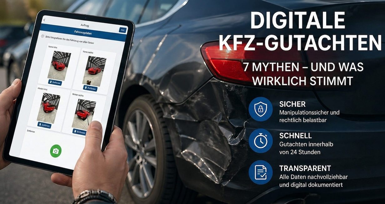 Digitales Kfz-Gutachten am Auto erstellen (DGD System) Ein Tablet zeigt die digitale Erfassung eines Unfallschadens am Auto für ein präzises Kfz-Gutachten.