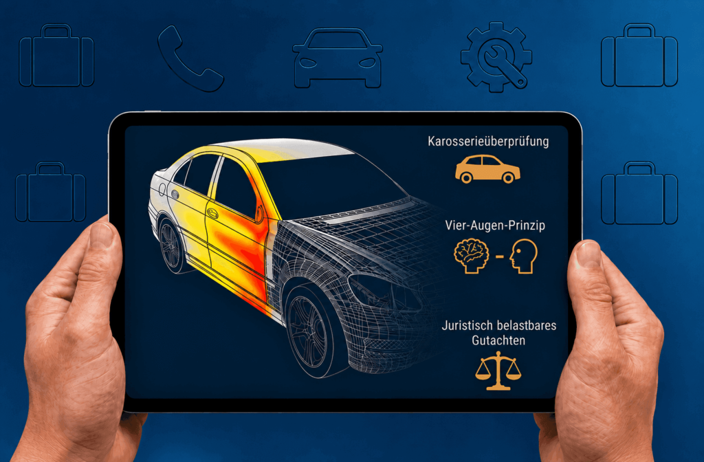 Tablet in Händen mit digitaler Fahrzeug-Schadenanalyse und den Schritten Karosserieüberprüfung, Vier-Augen-Prinzip und juristisch belastbares Gutachten.
