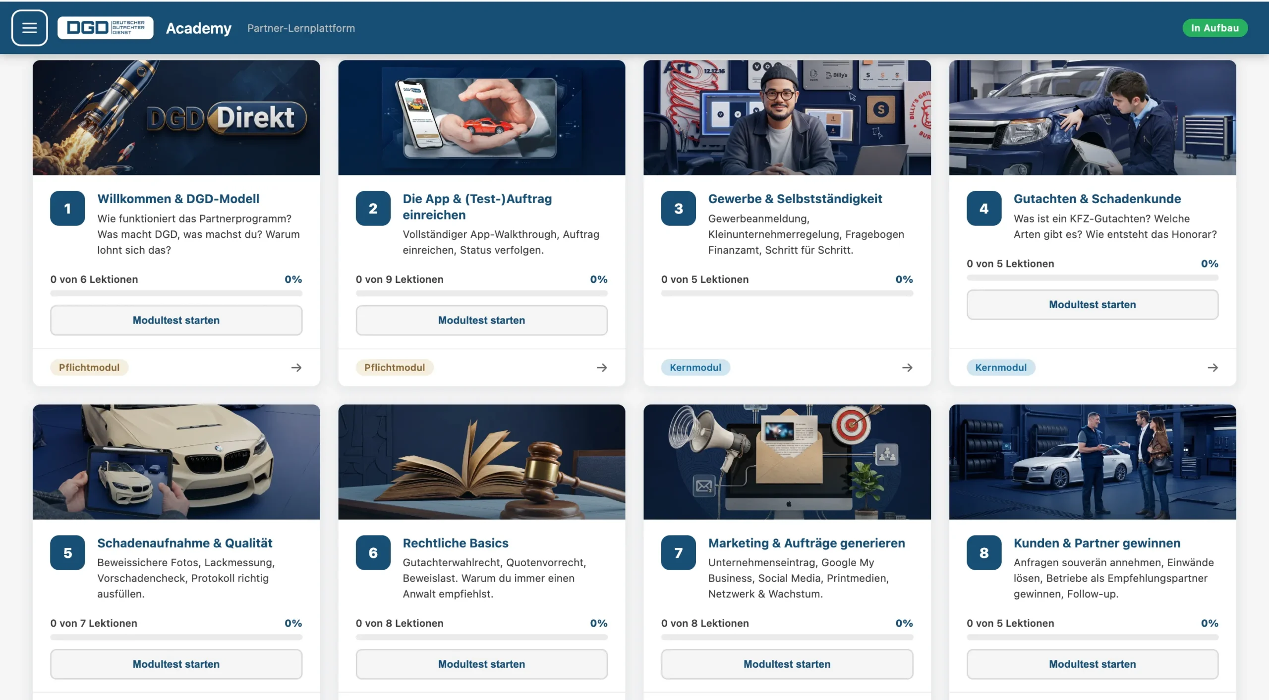 Screenshot der DGD Academy Benutzeroberfläche mit den Online-Schulungsmodulen für Kfz-Gutachter